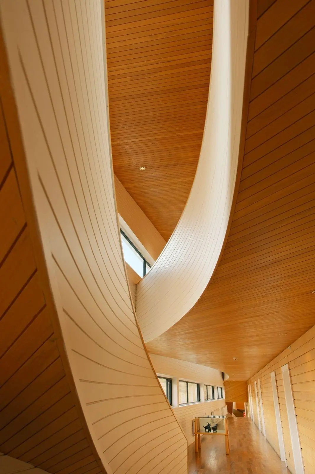 A sweeping white curve through the warm wooden interior at Explora Patagonia