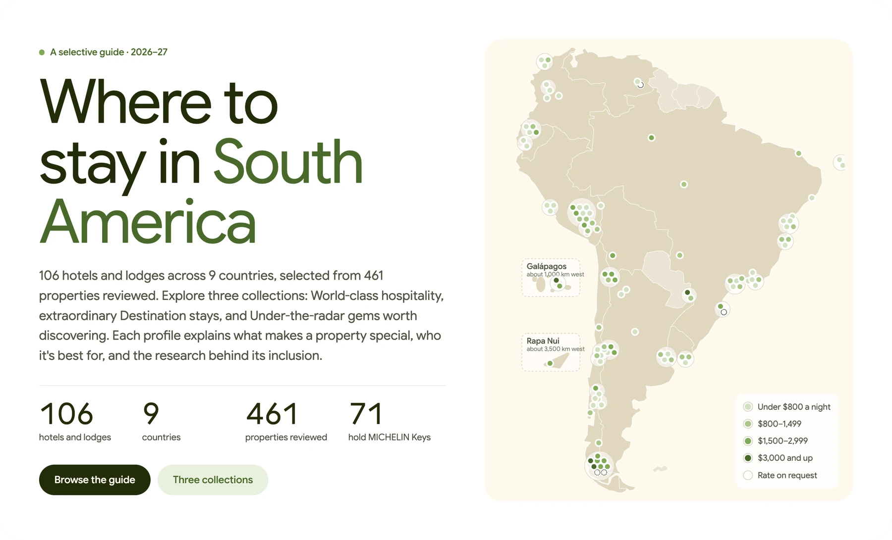The @southamerica hotel guide: a map of South America marking 106 selected hotels and lodges, color-coded by nightly rate